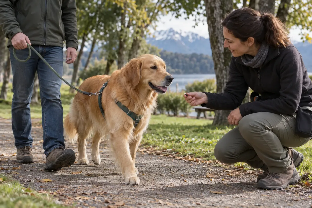 Escena ilustrativa de un golden retriever con arnés y correa suelta durante una sesión basada en recompensas.