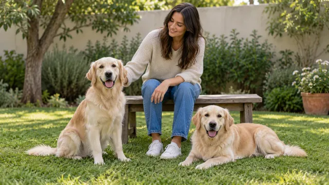 Una mujer sentada en un banco de jardín junto a dos perros adultos de pelaje dorado; uno está sentado y otro descansa echado.