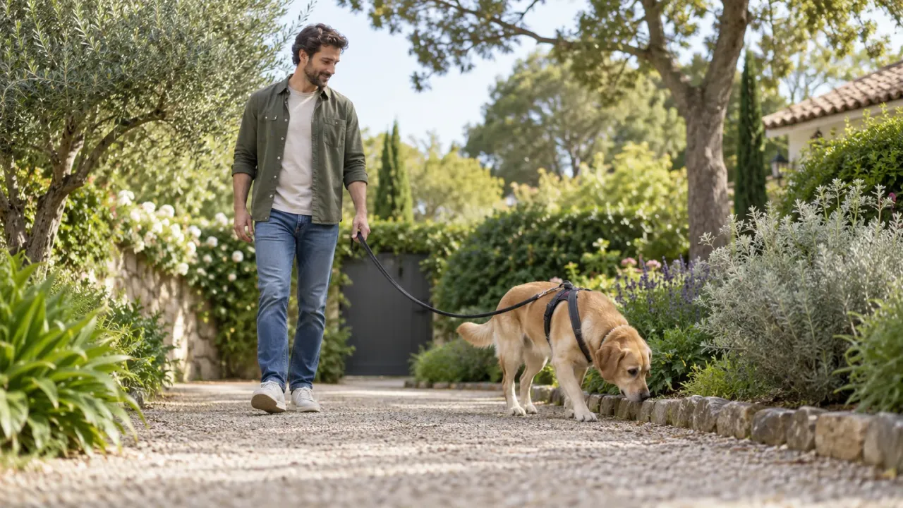 Un hombre acompaña a un perro dorado que olfatea junto a un sendero de jardín, con arnés y correa floja.