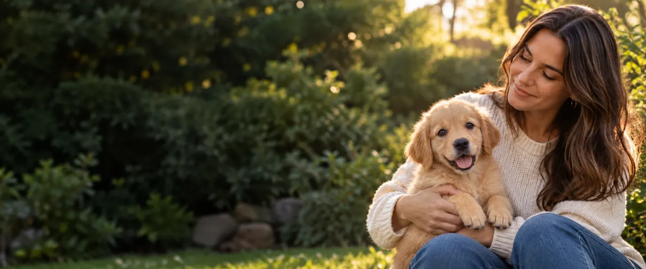 Una mujer sostiene a un cachorro Golden Retriever en el jardín; imagen editorial