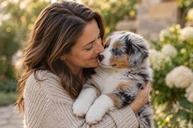 Una mujer abraza a un cachorro