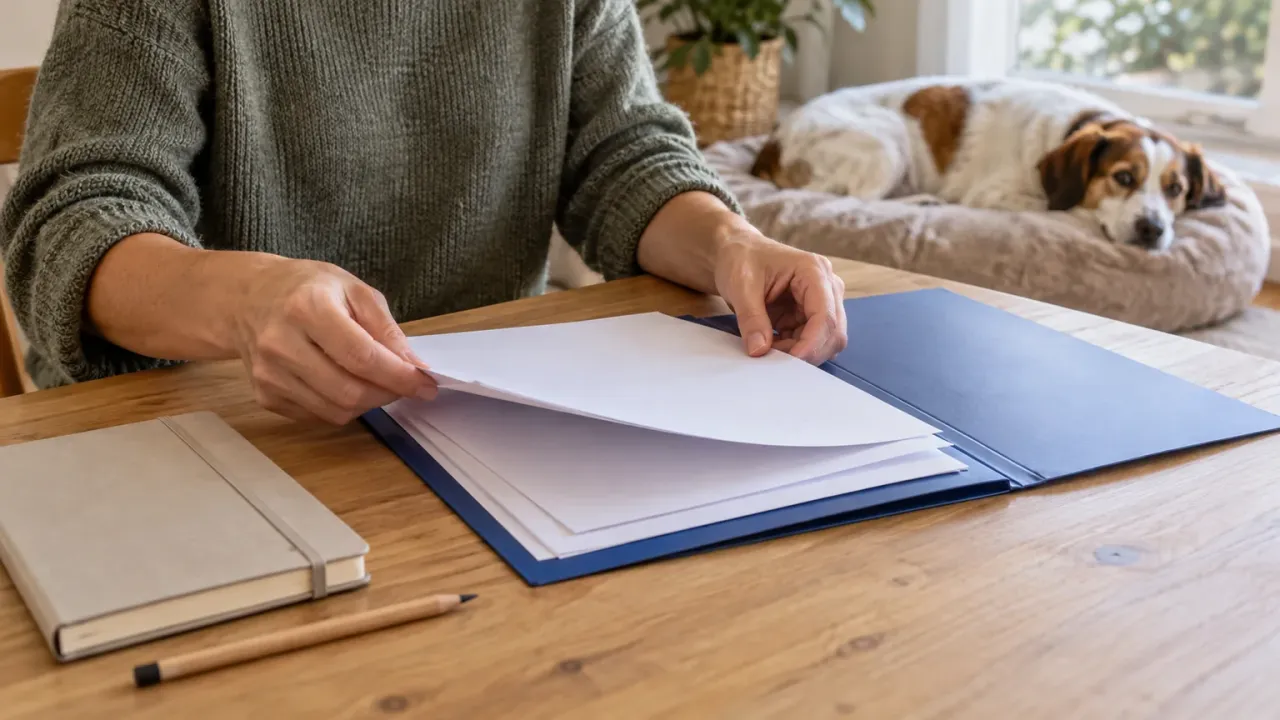 Manos de una persona adulta ordenan hojas sin texto legible en una carpeta azul; un perro blanco y castaño descansa al fondo.
