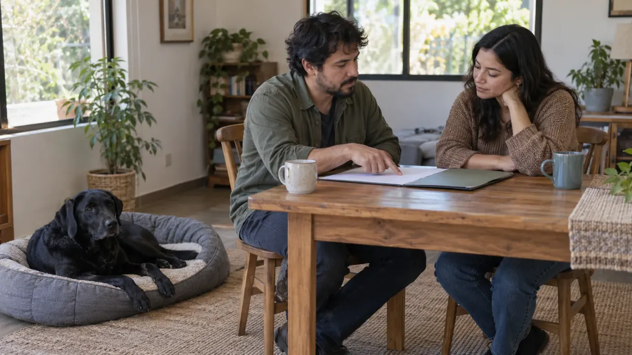 Dos personas adultas conversan junto a una mesa con hojas sin texto legible, mientras un perro negro descansa a su lado.