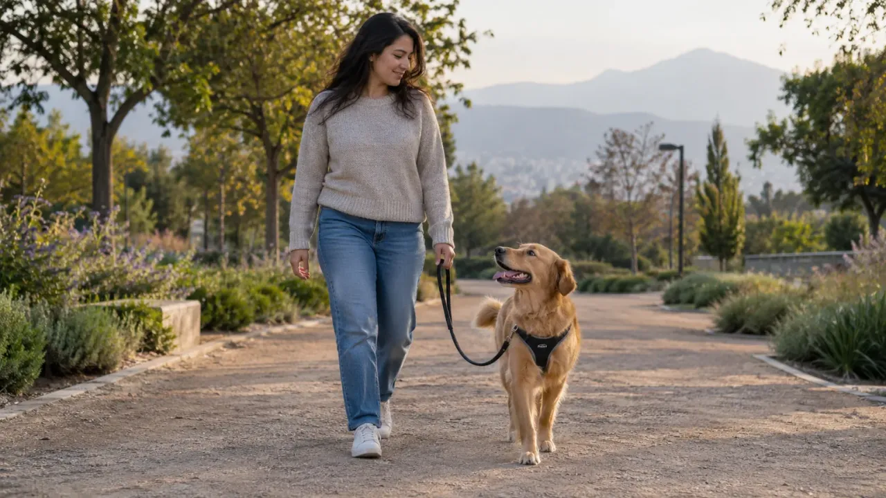 Mujer adulta paseando con un perro dorado de arnés y correa suelta por un sendero arbolado de parque.