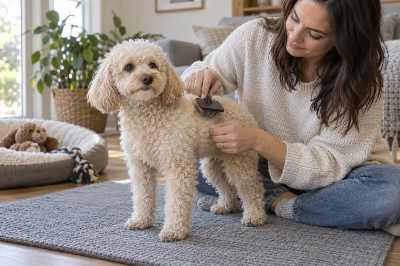 Escena ilustrativa de una persona cepillando suavemente el pelo de un poodle sobre una superficie antideslizante en casa.