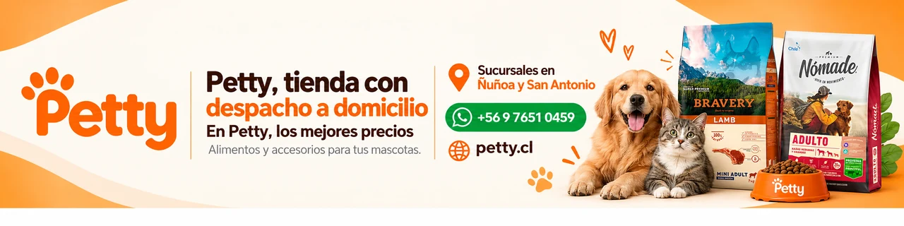 Petty: alimentos y accesorios para mascotas con despacho a domicilio. Sucursales en Ñuñoa y San Antonio. WhatsApp +56 9 7651 0459.